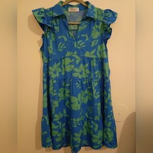 Julianas Women's Mini Ruffle Style Floral Blue and Green Dress Sz S